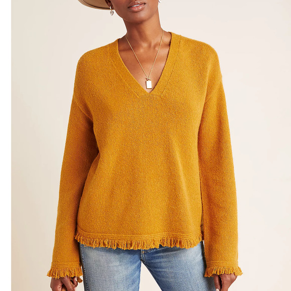 Anthropologie Sweaters - Anthropologie Sweater Medium Golden Yellow Joy Fringe Long Sleeve V-Neck